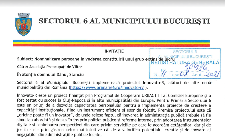 Solicitare pentru dezvoltare grup de iniţiativă locală Asociaţia Preocupaţi de Viitor - Primăria Sectorului 6, Bucureşti