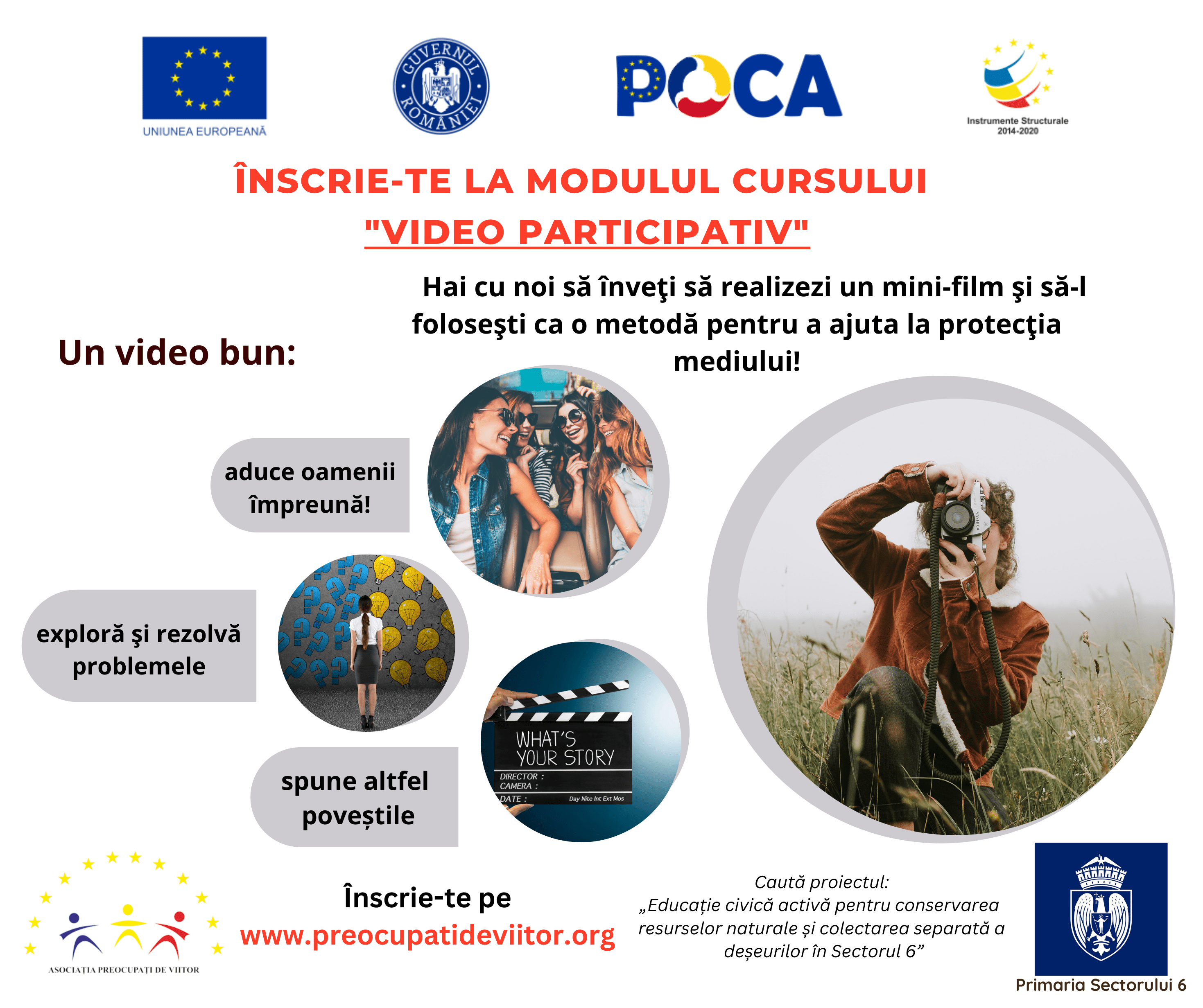 Înscriere pentru participare gratuită la cursurile de comunicare organizatională, managementul deşeurilor şi video participativ